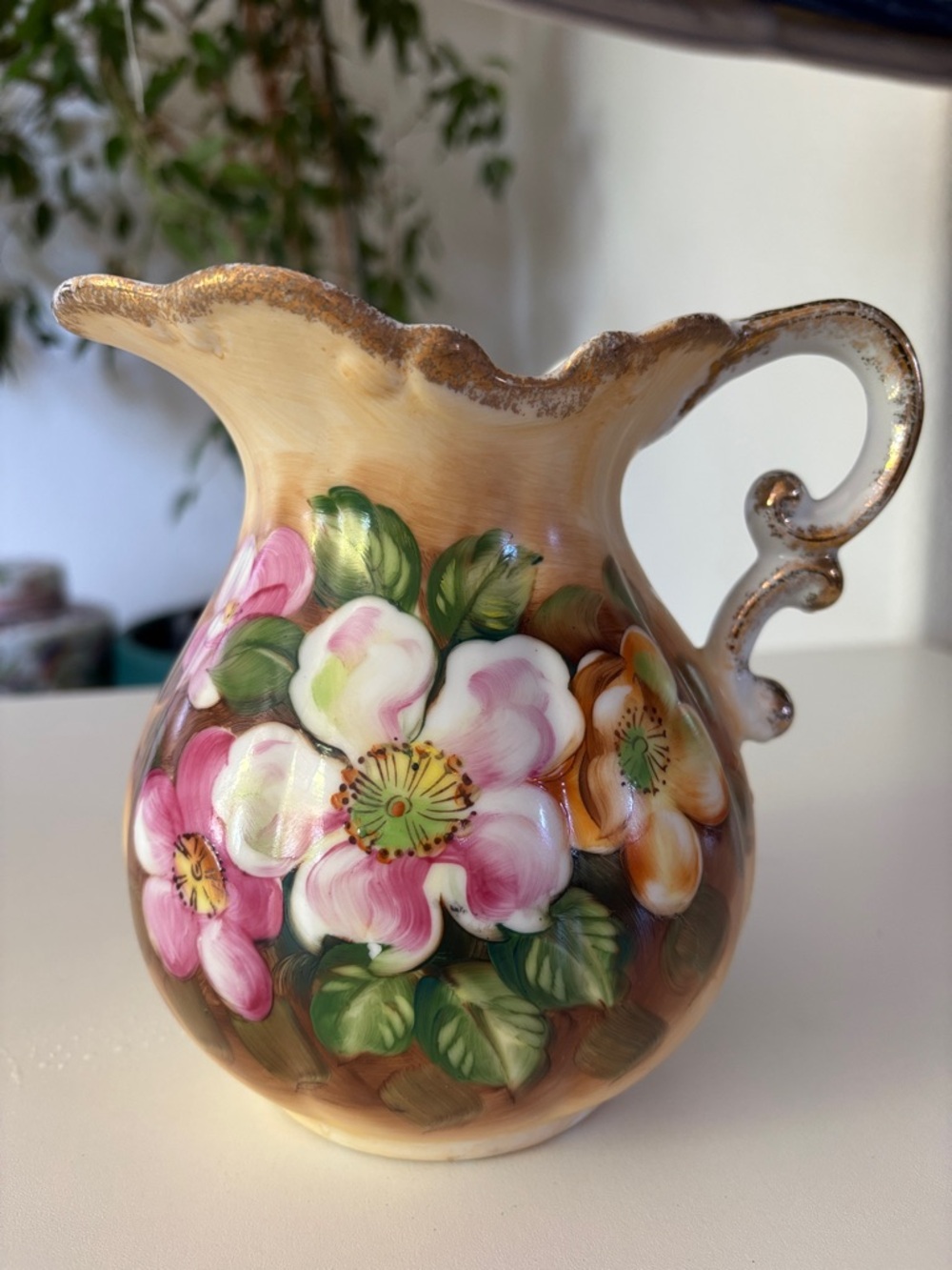 Hand-Painted Floral Porcelain Pitcher - Pink & White Flowers
